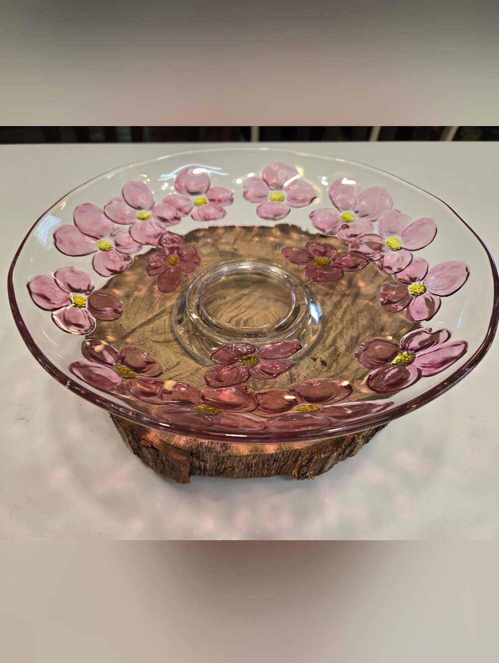 Dogwood Flower Pink Floral Glass Pedestal Serving Platter